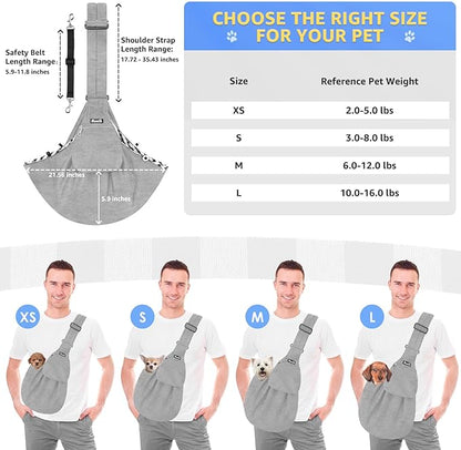 Lukovee Pet Sling, Hand Free Dog Sling Carrier Adjustable Padded Strap Tote Bag, Shoulder Bag with Safety Belt & Front Pocket for Small Dog Cat Puppy (Grey-WY,S)