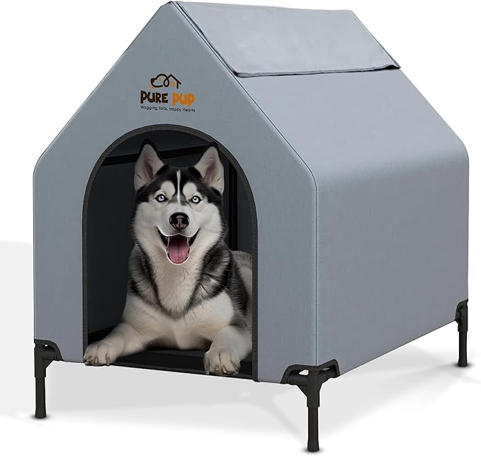 Outdoor Dog House with Elevated Bed, Weatherproof Canopy, Breathable Mesh Fabric with Windows – Ideal Shelter for Large Breeds