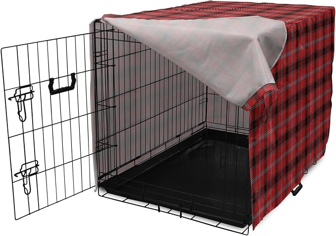 Lunarable Buffalo Plaid Dog Crate Cover, Arrangement with Lumberjack Themes Geometric Concept Pattern Print, Easy to Use Pet Kennel Cover for Cats & Medium Dogs, 24 Inch, Vermilion and Grey