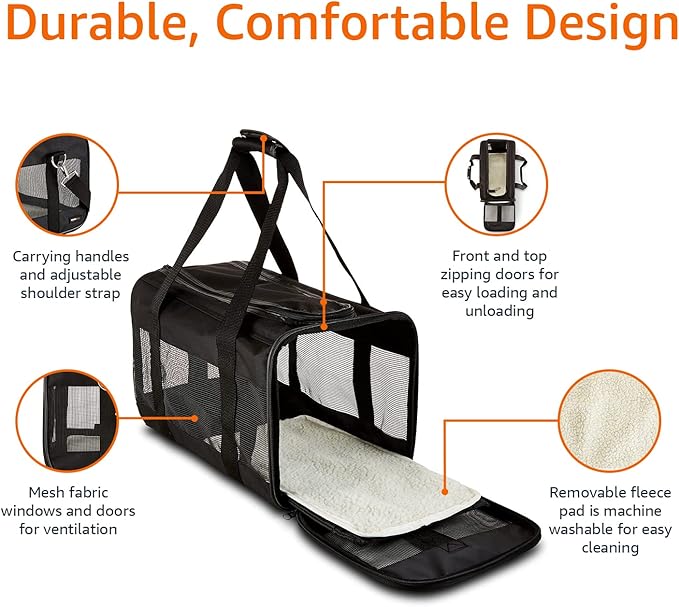 Amazon Basics Dogs and Cats Carrier, Soft Sided Pet Carrier, Black, Large, 50 cm L x 26 cm W x 28 cm H