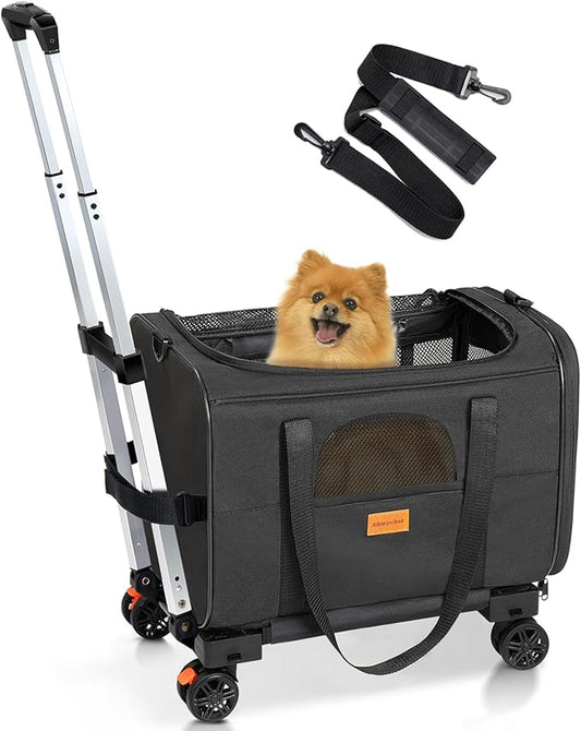 Morpilot Cat Carrier with Wheels Airline Approved, Pet Dog Carrier with Wheels for Small Dogs, Rolling Cat Carrier for Cats Puppy, Stroller Detachable and Foldable Pet Travel Bag (Large - Dark Gray)