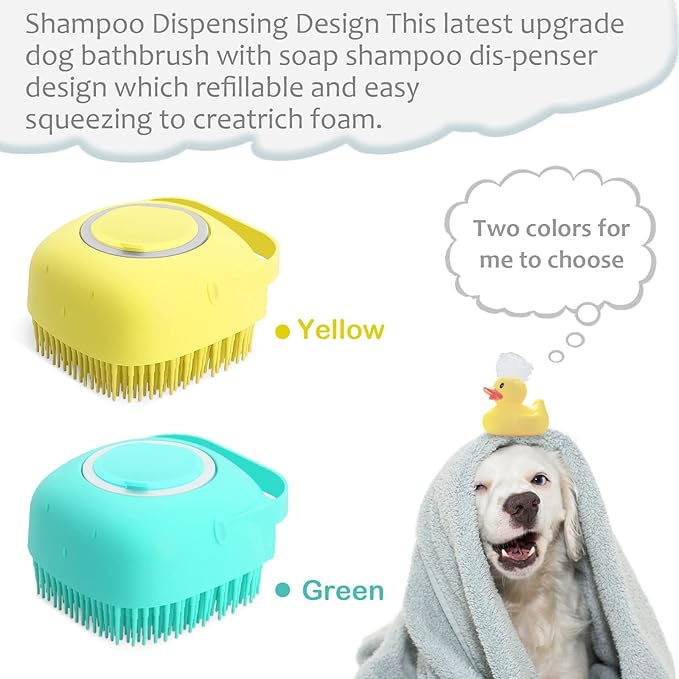 ELEGX Pet Grooming Bath Massage Brush with Soap and Shampoo Dispenser Soft Silicone Bristle for Long Short Haired Dogs Cats Shower (3 PCS（Yel+Blu+Hard Brush）)