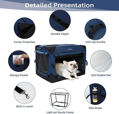 Pettycare 42 Inch Collapsible Dog Crate with Curtains Travel Dog Crate for Airflow and Calm Soft Pet Kennel with Portable Bag and More Chew Proof Mesh Indoor & Outdoor Navy Blue 4 Door Curtains