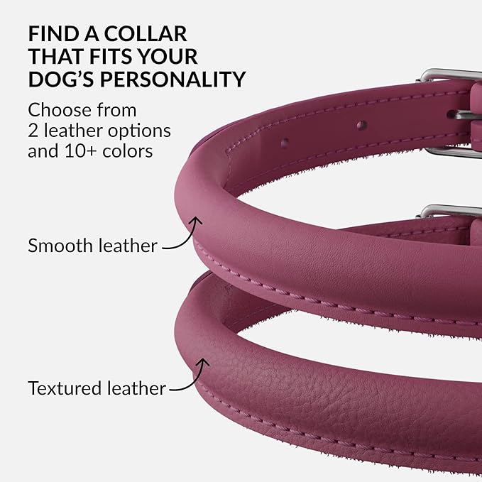 CollarDirect Rolled Leather Dog Collar, Soft Padded Round Puppy Collar, Handmade Genuine Leather Collar Dog Small Large Cat Collars 13 Colors (13-16 Inch, Pink Smooth)