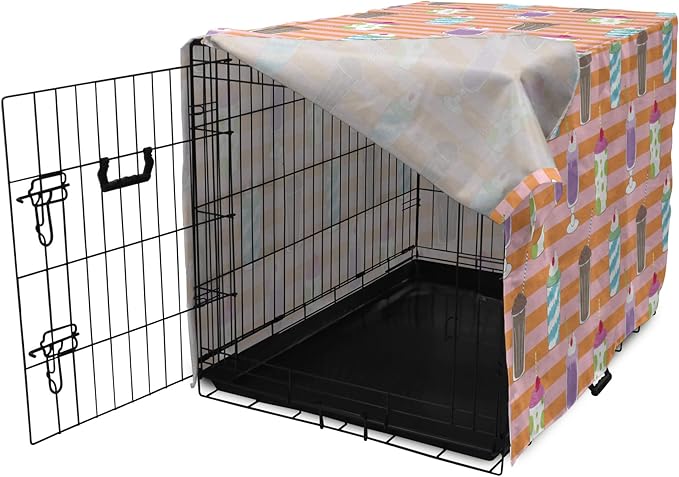 Lunarable Drinks Dog Crate Cover, Colorful Ice Cream Milkshake Creamy on a Striped Background, Easy to Use Pet Kennel Cover for Medium Large Dogs, 48 Inch, Salmon Pale Pink
