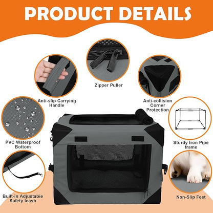Wdmiya Dog Crates for Medium & Large Dogs, Portable Travel Dog Crate with Chew Proof Mesh, Soft Collapsible Dog Crate with Absorbent Dog Pad, Car Dog Kennel Indoor & Outdoor 4-Door (Grey, l)