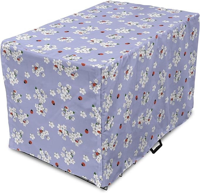 Ambesonne Floral Dog Crate Cover, Japanese Flowers Sakura Blossoms and Ladybugs on Soft Toned Background, Easy to Use Pet Kennel Cover for Cats & Medium Dogs, 24 Inch, Pale Ceil Blue White