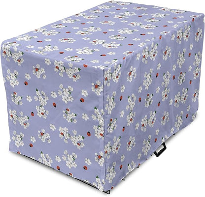 Ambesonne Floral Dog Crate Cover, Japanese Flowers Sakura Blossoms and Ladybugs on Soft Toned Background, Easy to Use Pet Kennel Cover for Cats & Medium Dogs, 24 Inch, Pale Ceil Blue White