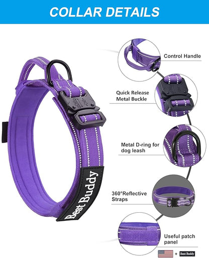 AUBELL Tactical Dog Collar and Leash Set, Adjustable Military Nylon Reflective Dog Leash and Collar with Handle and Heavy Metal Buckle for Medium Large Dogs, with Airtag Case and 2 Patches(Purple, L)