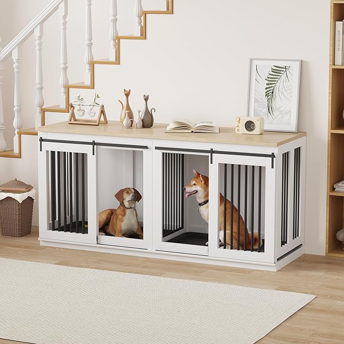 Large Dog Crate Furniture, Heavy Duty Dog Kennel with Divider - TV Stand & Farmhouse End Table