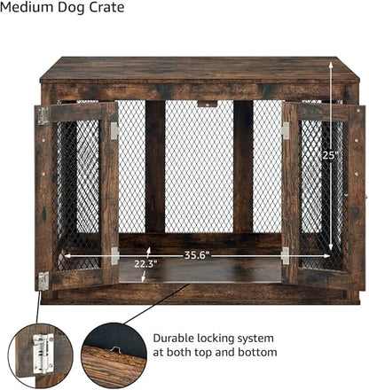 unipaws Furniture Dog Crate with Tray for Medium Dogs, Indoor Aesthetic Puppy Kennel Pet House Dog Cage with Door, Modern Decorative Wood Pretty Cute Fancy End Side Table Nightstand, Rustic