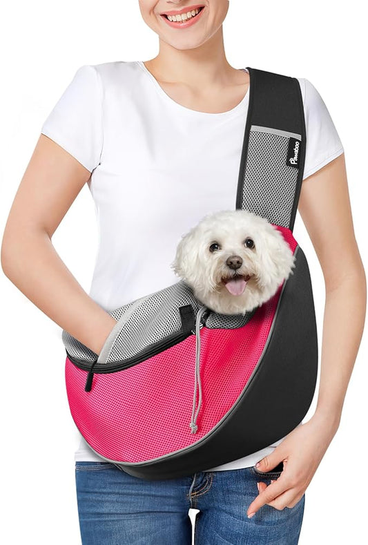 Pawaboo Dog Sling Carrier, Dog Papoose with Zipper Touch Pocket, Hand Free Breathable Mesh Puppy Carrier, Crossbody Satchel Dog Purse with Adjustable Strap for Outdoor Travel, Pink, Large