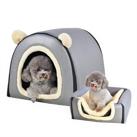 Dog Bed,2 Ways to Use,Indoor Pet House with Fluffy Mat,Removable and Washable Cover,Splash-Proof House and Non-Slip Bottom,for Large Dogs(XL Grey Faux Leather)