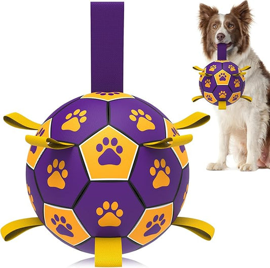QDAN Dog Ropes Toys Soccer Ball with Straps, Interactive Dog Toys for Tug of War, Puppy Birthday Gifts, Dog Tug Toy, Dog Water Toy, Durable Dog Balls for Medium & Large Dogs（8 Inch）