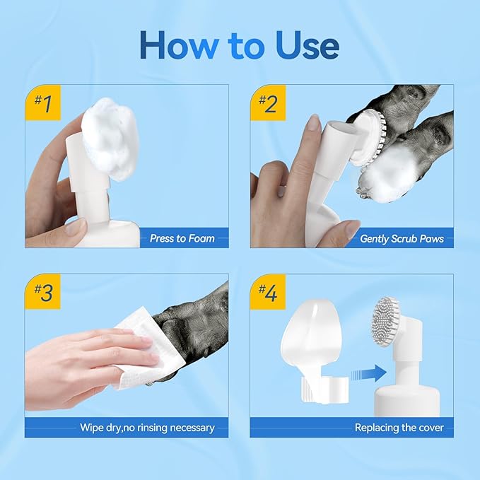 Paw Cleaner | No-Rinse Foaming Cleanser for Dogs Cats | 6.8 fl oz | Gentle and Safe | Pleasant Smell | Deep Clean Pet Paws | Bottle with Removable Soft Silicone Brush