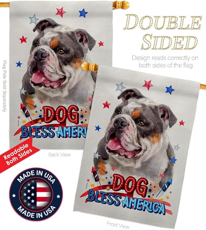 Breeze Decor Patriotic Merle Bulldog House Flag Pack Dog Puppy Spoiled Paw Canine Fur Pet Nature Farm Animal Creature Applique Banner Small Garden Yard Gift Double-Sided, Made in USA