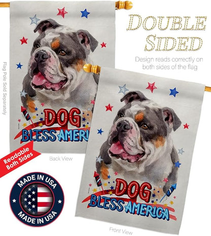 Breeze Decor Patriotic Merle Bulldog House Flag Pack Dog Puppy Spoiled Paw Canine Fur Pet Nature Farm Animal Creature Applique Banner Small Garden Yard Gift Double-Sided, Made in USA