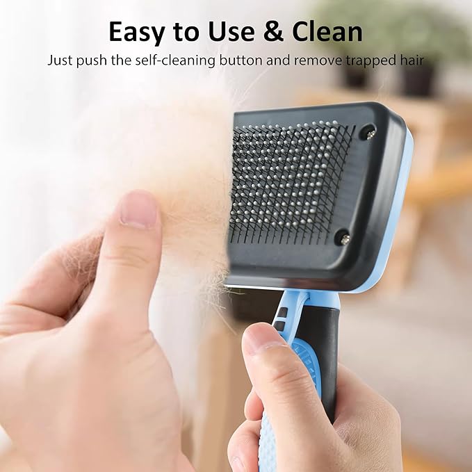 Dog & Cat Hair Brush,Self Cleaning Slicker Brush for Long Short Hair,Shedding & Grooming Pet Brush with Soft Bristle and Release Button,Blue
