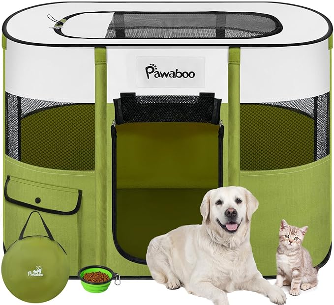 Dog Playpen, Portable Pet Playpen Cat PlayPen, 600D Oxford Dog Kennel Tent Crate, Waterproof&Breathable, Indoor Outdoor Travel Camping Use for Medium/Large Breed with Carrying Case+Folding Bowl(L)