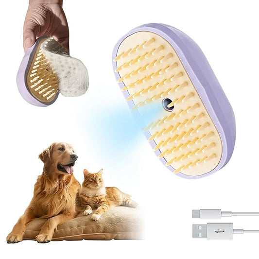 Soft 3-in-1 Silisone Spray Brush, Upgraded for Shedding, Cleaning and Spa Massage, Hair Removal, Best Water Steam Brush for indoor Long or Short Haired Cat and Dog (Purple, Round)