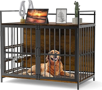 41 Inch Furniture Style Large Dog Crate with 360° & Adjustable Raised Feeder for Dogs 2 Stainless Steel Bowls -End Table House Pad, Indoor Use Brown
