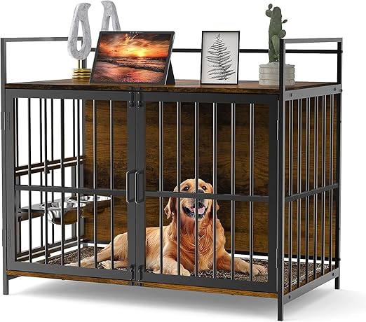 41 Inch Furniture Style Large Dog Crate with 360° & Adjustable Raised Feeder for Dogs 2 Stainless Steel Bowls -End Table House Pad, Indoor Use Brown