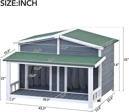 YOTPO 47.2" Wooden Indoor & Outdoor Medium Dog House with Porch Door and Removable Curtain,Pet Kennel with Weatherproof Solid Wood,for Yard,Garden,Living Room,Villa,Gray