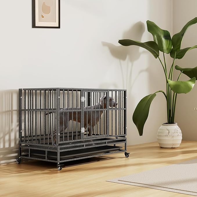 MoNiBloom Heavy Duty Dog Indestructible Crate with Lockable Wheels, Escape Proof Dog Kennel with Double-Door, Chew-Proof Pet Cage Indoor for Medium Dogs
