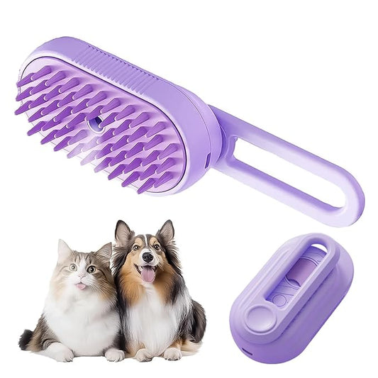 Pet Steam Brush for Dog Cat, 3-in-1 Cat Steam Brush for Shedding Grooming/Massage/Cleaning, Static-Free Deshedding Comb with Nano Spray, 360° Rotating Handle, Rubber Teeth & Portable Design (Purple)