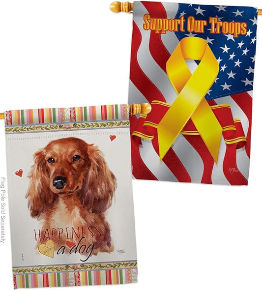 Breeze Decor Long Hair Dachshund Happiness House Flag Pack Dog Puppy Spoiled Paw Canine Fur Pet Nature Farm Animal Creature Support Our Troops Banner Small Garden Yard Gift Double-Sided, Made in USA