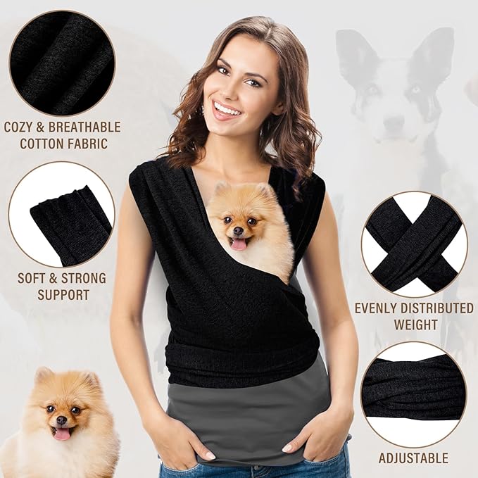 Cat Sling Carriers, Front Facing Dog Sling, Cat Wrap Carrier Chest, Hands Free, Size Adjustable, Soft Cotton, Cat Swaddle Bag for Outdoor(Black)