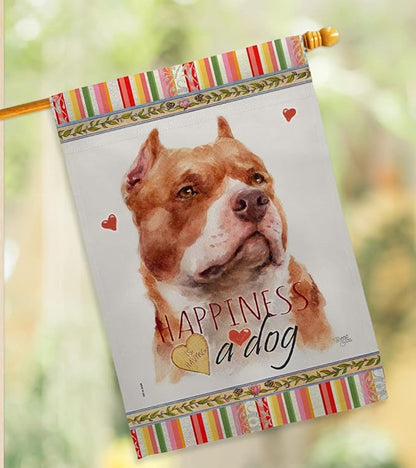 Breeze Decor Fawn Pitbull Happiness House Flag Dowel Set Dog Puppy Spoiled Paw Canine Fur Pet Nature Farm Animal Creature Decoration Banner Small Garden Yard Gift Double-Sided, Made in USA