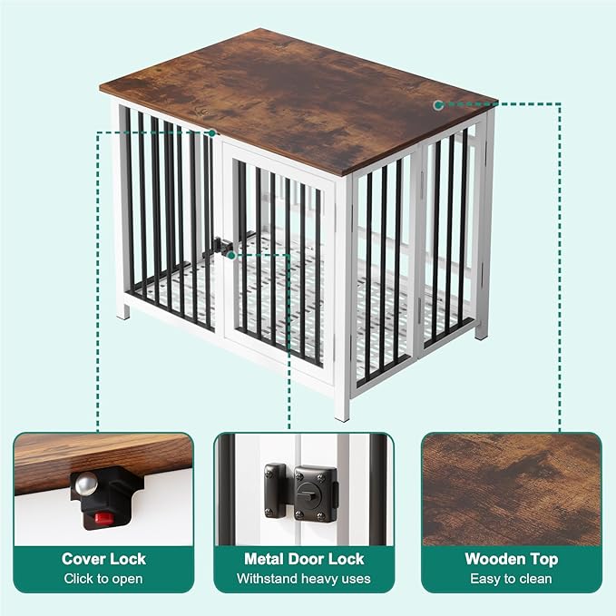 Heavy Duty Dog Crate Furniture, Fully Assembled exc. Locks, All Metal Frame & Wooden Tabletop, Modern Kennel for Small Dog, End Table, Sturdy, Foldable, White+Black/Rustic Brown