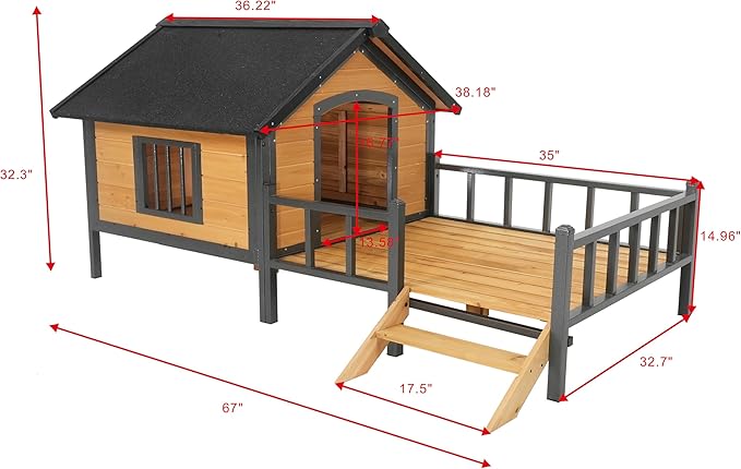 Ball & Cast 67" Outdoor Wooden Dog House with Waterproof Asphalt Roof,All-Around Iron Frame Kennel with Resting Porch for Large Dogs(71-90 lbs),Durable Yard Cabin for Pets,Honey