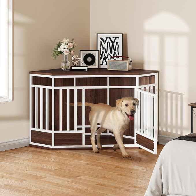 DWVO Corner Dog Crate Furniture, 52 Inch Heavy Duty Dog Kennel Indoor Furniture End Table Crate for Large Dogs, Modern Decorative Cage Wooden Dog Crate for Large Dogs, White Walnut