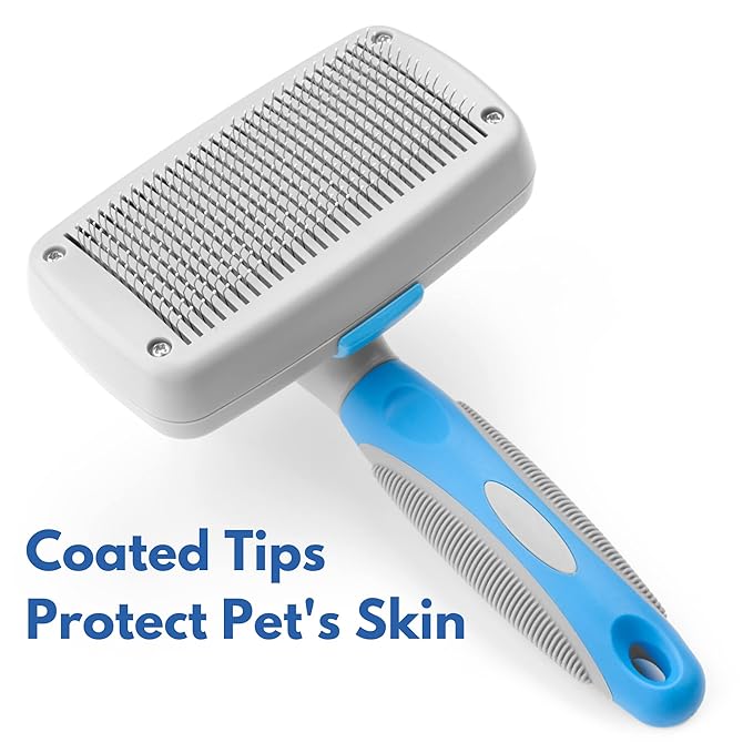 Self Cleaning Slicker Brush for Dogs and Cats - Hair Brush for Medium to Long-haired Pets - Effective, Comfortable, and Easy to Clean - White and Blue
