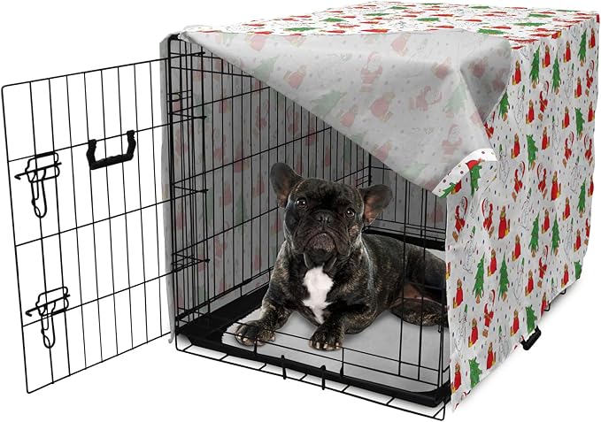 Ambesonne Christmas Dog Crate Cover, Xmas Santa Claus Tree on Colorful Polka Dot Backdrop Surprise Boxes Art, Easy to Use Pet Kennel Cover for Cats & Medium Dogs, 24 Inch, Green and Red