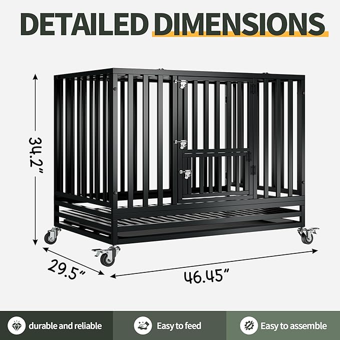 47" Heavy Duty Dog Crate,Indestructible Large Dog Cage,Escape Proof Dog Crate Dog Kennel,Two-Door Design with Wheels and Dog Crate Tray,Suitable for High Anxiety,Black