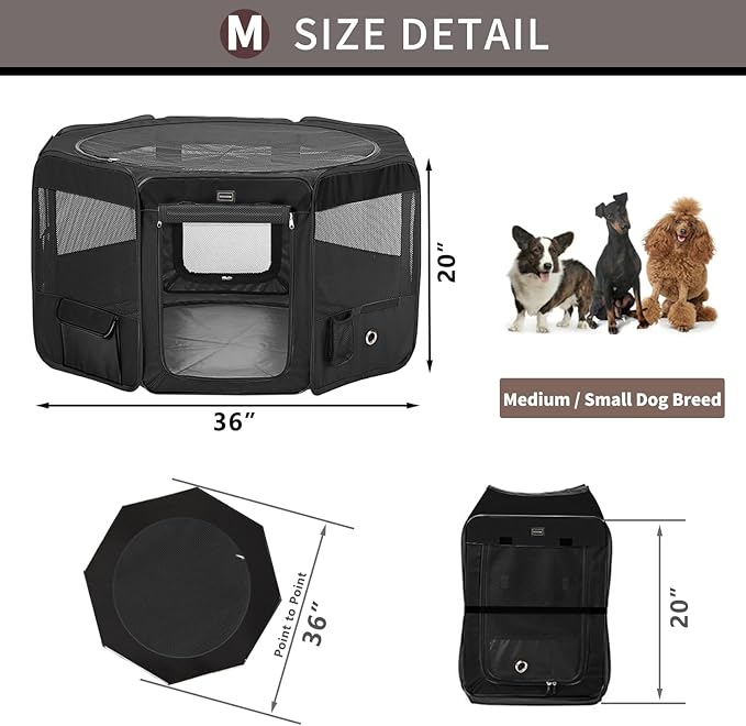 DONORO Dog Playpen Portable Pet Play Pens for Small Dog/Cat/Rabbit/Chicks, Cat Playpen Indoor/Outdoor with Carring Case, Removable Zipper Top and Bottom (Black, Medium (36"x36"x20"), 8)