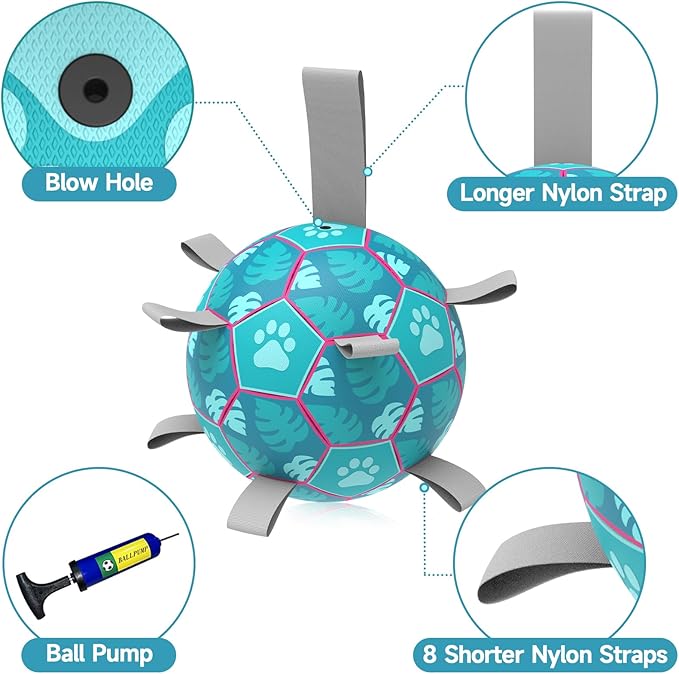 QDAN Dog Toys Soccer Ball with Straps - Durable Dog Balls for Extra Large Dogs, Beach Pool Dog Water Toy, Dog Tug Toys for Tug of War, Puppy Dog Birthday Gifts, Herding Balls for Dog, Blue (9 Inch)