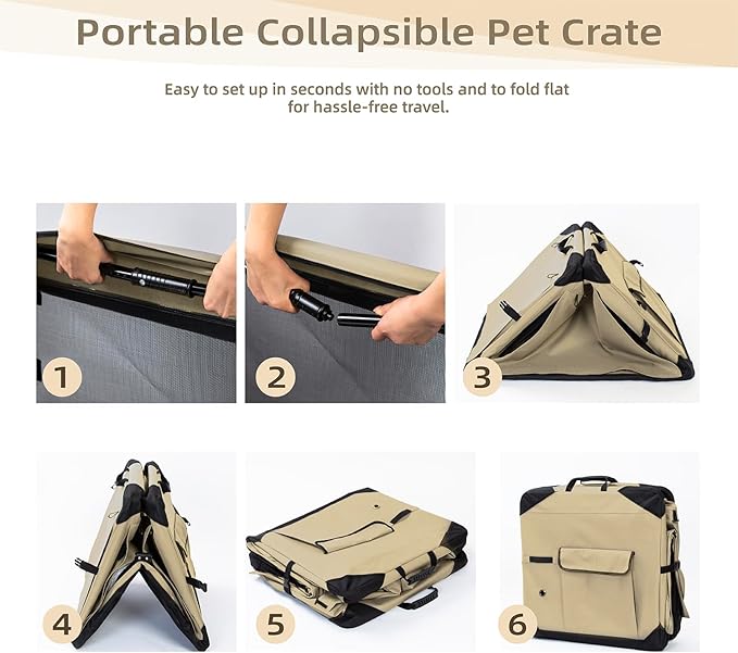Pettycare 36 Inch Collapsible Dog Crate with Curtains Travel Dog Crate for Airflow and Calm Soft Pet Kennel with Portable Bag and More Chew Proof Mesh Indoor & Outdoor Beige 4 Door Curtains