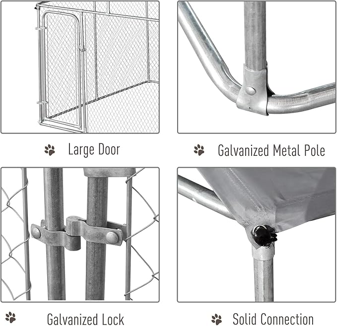 PawHut Large Dog Kennel Outside, Heavy Duty Dog Cage with Waterproof Cover, Outdoor Fence Dog Run with Galvanized Chain Link, Secure Lock, 9.8' x 9.8' x 7.7'