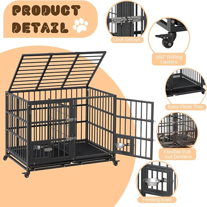 Metal Dog Crate, 42 Inch Heavy Duty Dog Crate with Divider, 2 Feeding Door and Bowls, Dog Kennel Indoor with Wheels, for 2 Small Dogs/1 Large Dog