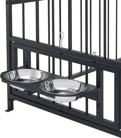 Ball & Cast 47" Outdoor Dog Kennel for 91+ lbs Dogs,Lockable Swivel Door with Bowl Rack & 2 Stainless Bowls,Waterproof Metal Roofed Pet Run Enclosure,Easy to Clean & Assemble,Black