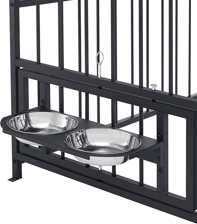Ball & Cast 47" Outdoor Dog Kennel for 91+ lbs Dogs,Lockable Swivel Door with Bowl Rack & 2 Stainless Bowls,Waterproof Metal Roofed Pet Run Enclosure,Easy to Clean & Assemble,Black