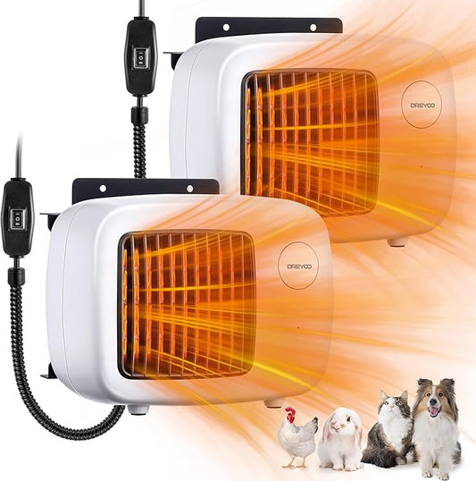 Dreyoo Dog House Heater with Thermostat, Pet House Heater with 6FT Anti Chew Cord and Safe Overheat Protection, 2 Heating Mode (200/400W) Pet House Furnace for Dogs Chicken Coops Rabbits(White,2 Pcs)