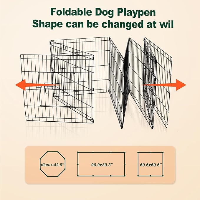 PJYuCien Dog Playpen - Metal Foldable Dog Exercise Pen, Pet Fence Puppy Crate Kennel Indoor Outdoor with 8 Panels 24”H & Bottom Pad for Small Medium Pets