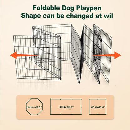 PJYuCien Dog Playpen - 8 Panels 42 inchH Metal Foldable Exercise Pen, Pet Fence Puppy Crate Kennel Indoor Outdoor with Top Cover & Bottom Pad for Medium Large Pets Black…