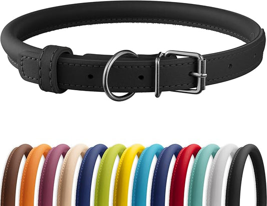 CollarDirect Rolled Leather Dog Collar, Soft Padded Round Puppy Collar, Handmade Genuine Leather Collar Dog Small Large Cat Collars 13 Colors (6-7 Inch, Black Smooth)