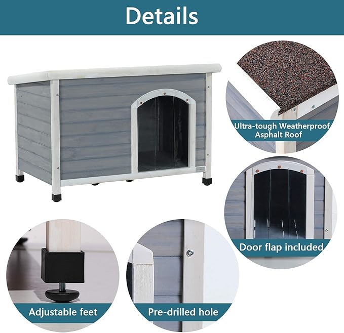 Petsfit Wooden Dog House,Outdoor Pet Kennel, Solid Wood, Weather Proof, Light Grey, Medium/40.8 X 26 X 27.6 Inch